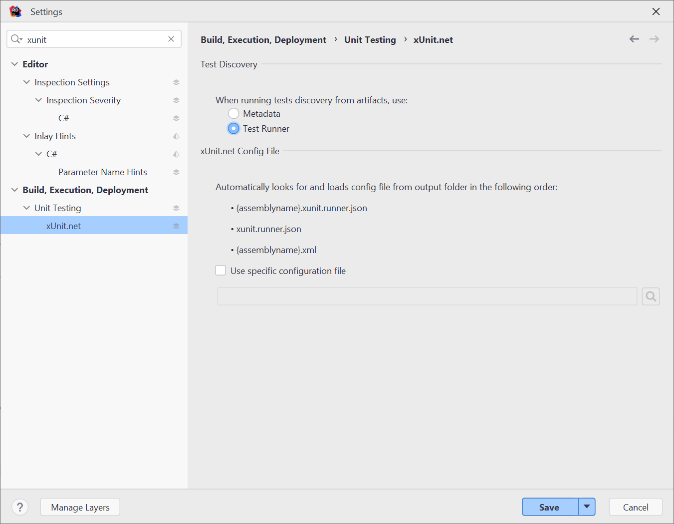 Rider test runner settings